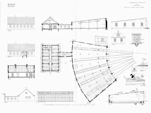 Tegning af Skjern Stations Opholdsbygning og lokomotivremise. Sign.: Seest.