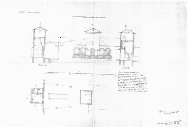 Tegning af Nykøbing Sjælland Stations Lokomotivremise. Sign.: H. Wenck.