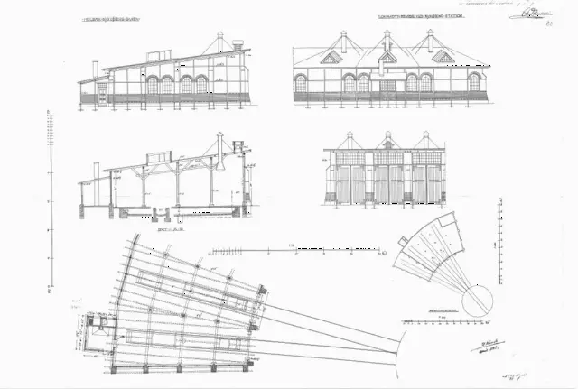Tegning af Nykøbing Sjælland Stations Lokomotivremise. Sign.: H. Wenck.
