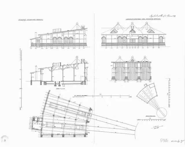 Tegning af Præstø Stations Lokomotivremise. Sign.: H. Wenck.