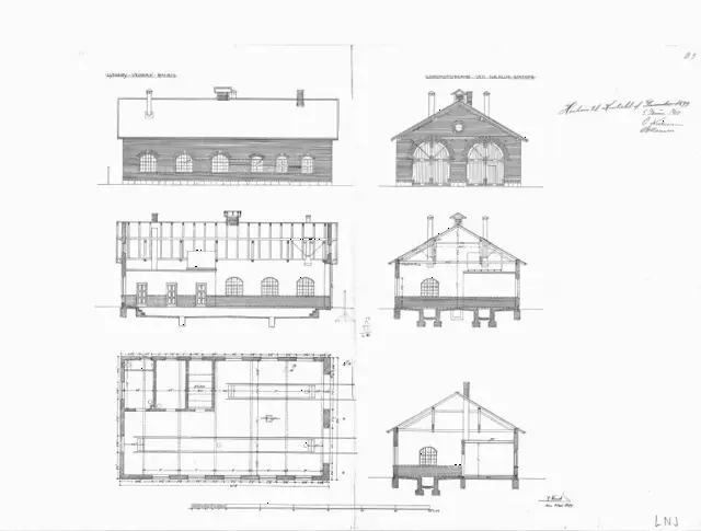 Tegning af Nærum Stations Lokomotivremise. Sign.: H. Wenck.