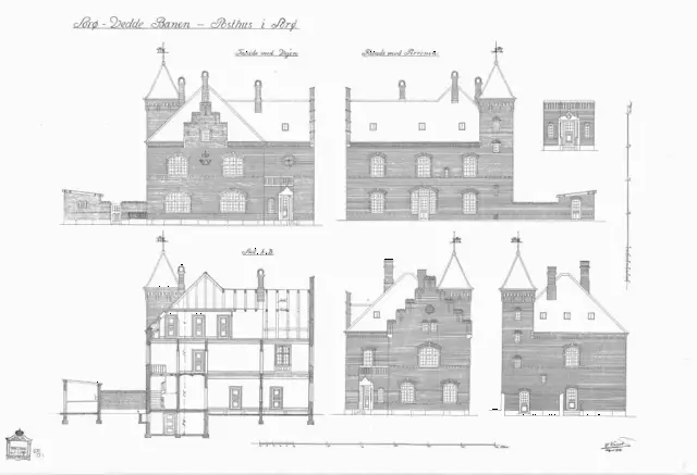 Tegning af Sorø By Stations Posthus. Sign.: H. Wenck.