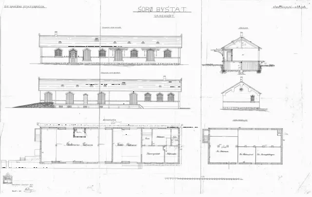 Tegning af Sorø By Stations varehus.