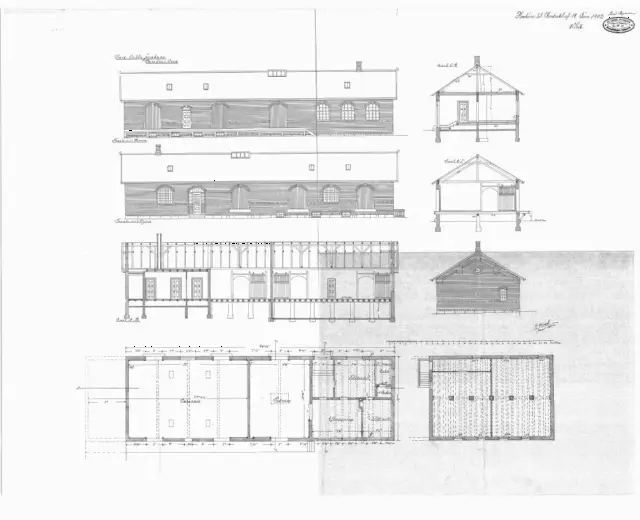 Tegning af Sorø By Stations varehus.