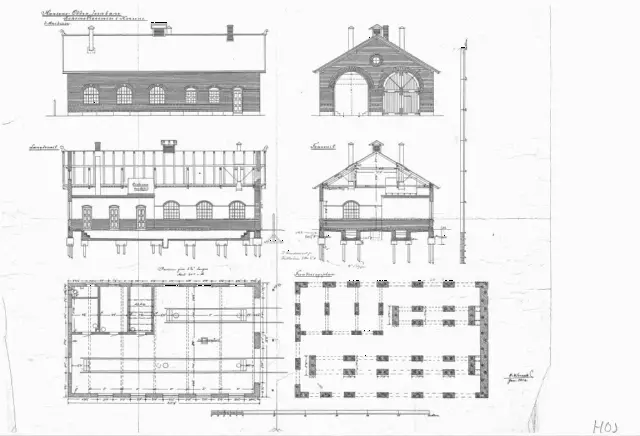 Tegning af Horsens Privatbanestations Lokomotivremise. Sign.: H. Wenck.
