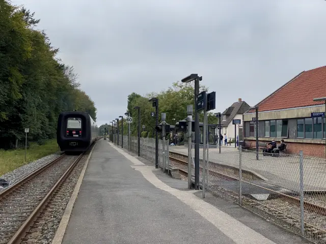 Billede af tog ud for Jelling Station.