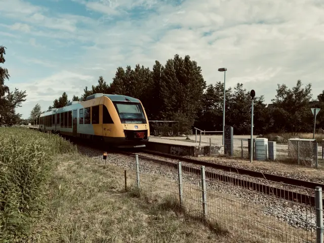 Billede af tog ud for Hanehoved Station.