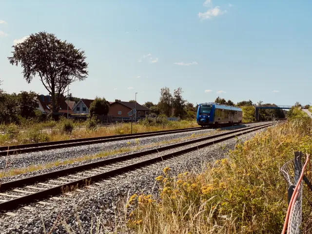 Billede af tog ud for Skalborg Station.