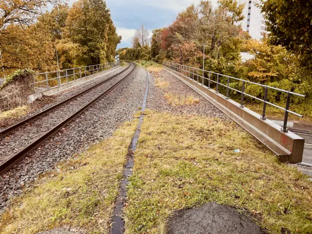 Billede af jernbanebroen ve Odense Sygehus Station. Broen er bygget til både at have et spor til Svendborgbanen og Faaborgbanen. I dag er der kun Svendborgbanens spor tilbage.