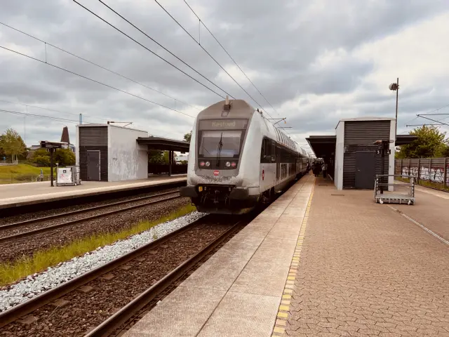 Billede af tog ud for Trekroner Station.