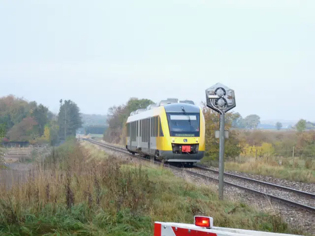 Billede af tog ud for Duemose Station.