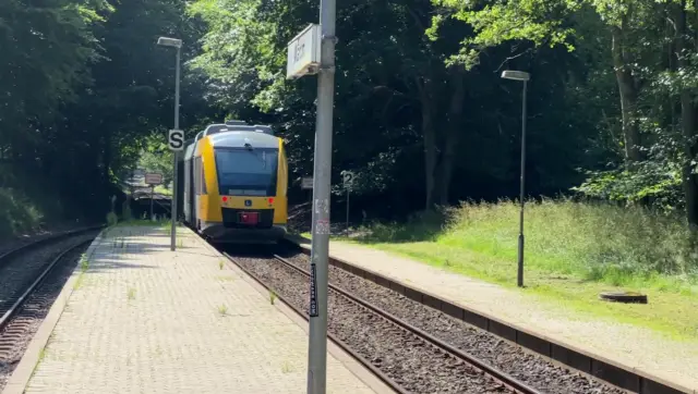 Billede af tog ud for Mårum Station.