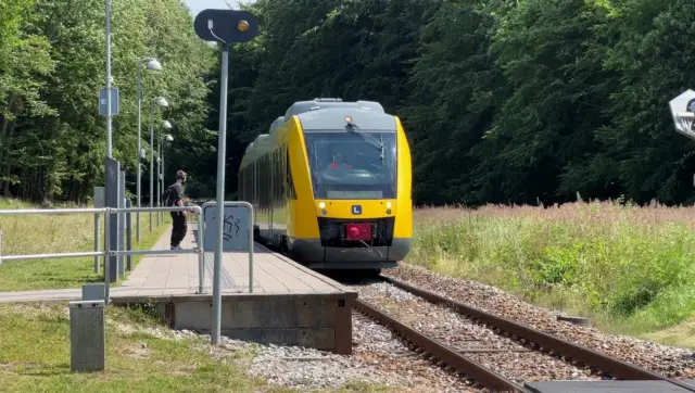 Billede af tog ud for Duemose Station.