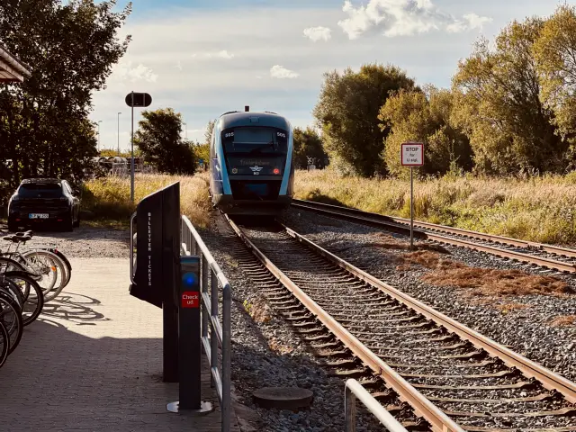 Billede af tog ud for Strandby Station.