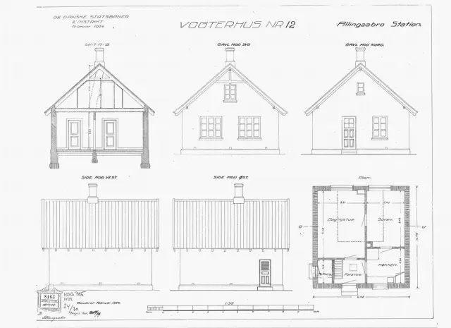Tegning af vogterhus nummer 12 ved Allingåbro Station.