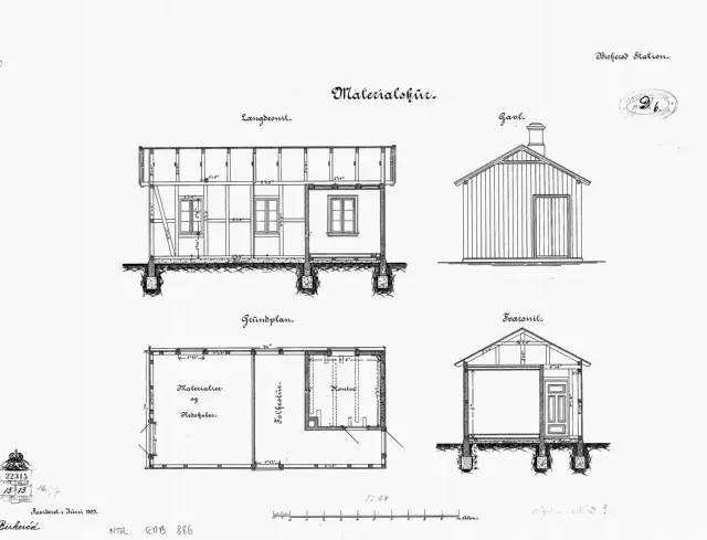 Tegning af Materialskur ved Birkerød Station.