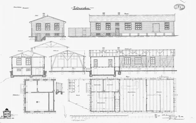 Tegning af Toldvarehus ved Frederiksberg Station.