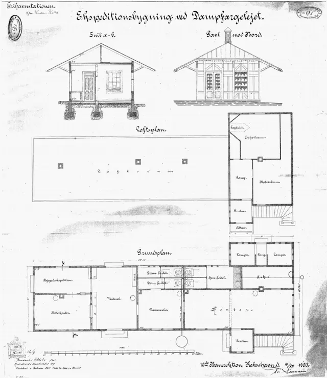 Tegning af Ekspeditionsbygning ved dampfærgelejet tilhørende Frihavnens Station.