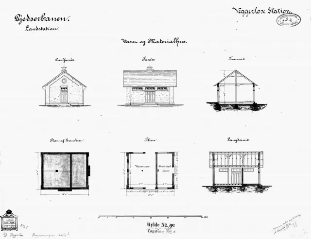 Tegning af Vare- og materialhus ved Væggerløse Station.