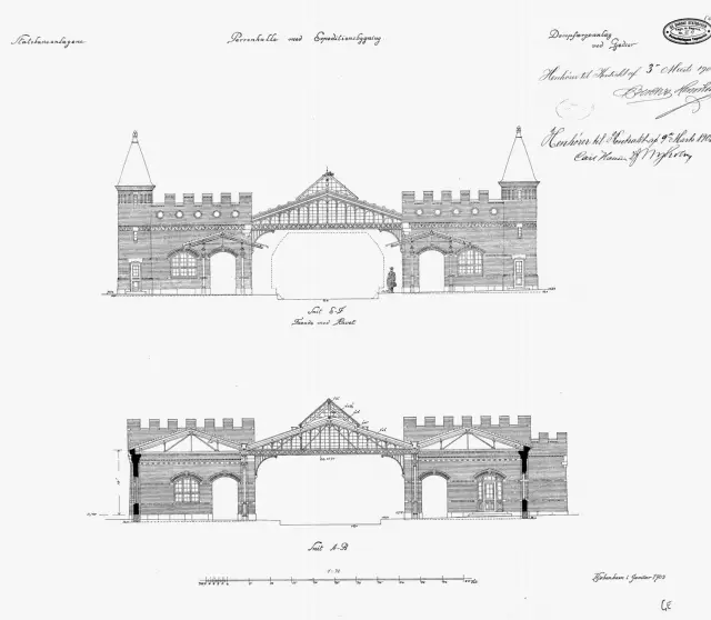 Tegning af Gedser Station.