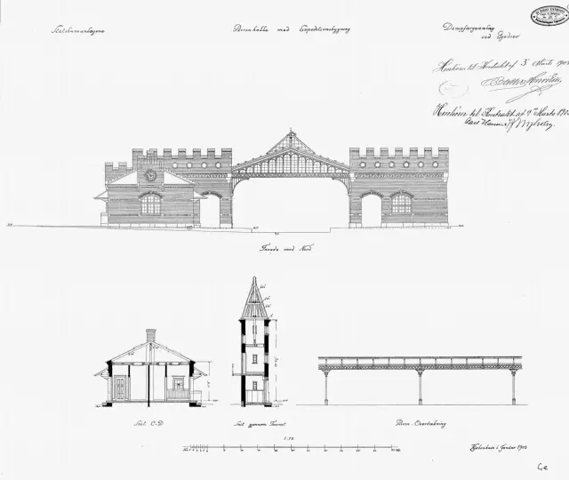 Tegning af Gedser Station.