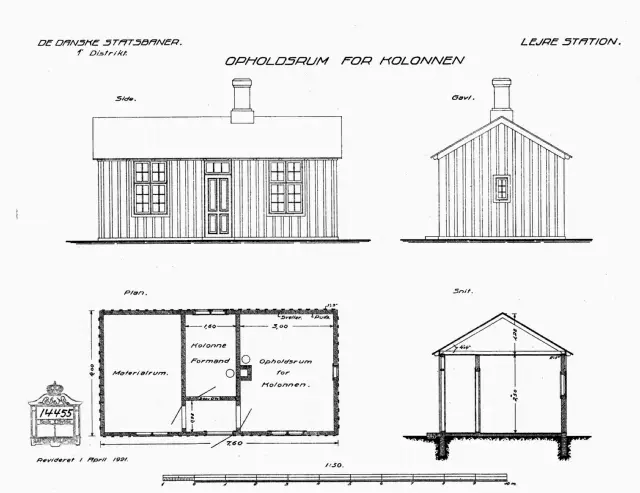 Tegning af Opholdsrum for kolonnen ved Lejre Station.