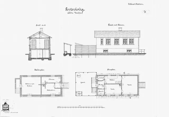Tegning af Portørbolig (ældre varehus) ved Allerød Station.