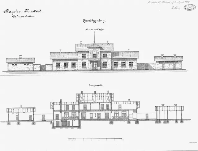 Tegning af Dalmose Station.