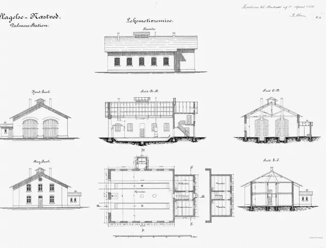 Tegning af Lokomotivremise ved Dalmose Station.