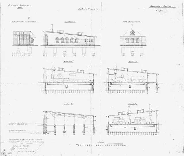 Tegning af Randers Stations remise.