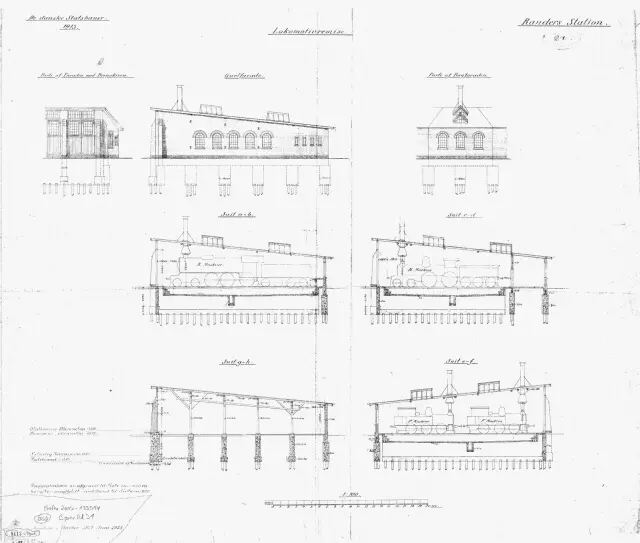 Tegning af Randers Stations remise.