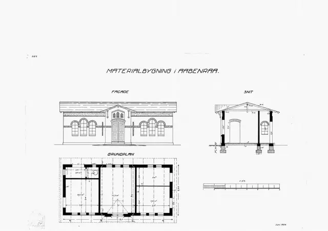 Tegning af Materialbygning (Nytegning udført af DSB) ved Aabenraa Station.