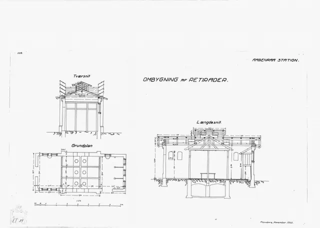 Tegning af Ombygning af retirader (Nytegning udført af DSB) ved Aabenraa Station.