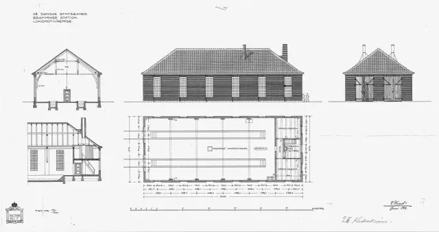 Tegning af Bramming Stations remise.