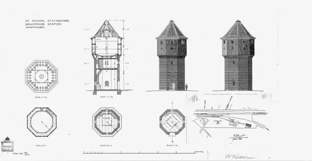 Tegning af Bramming Stations vandtårn.