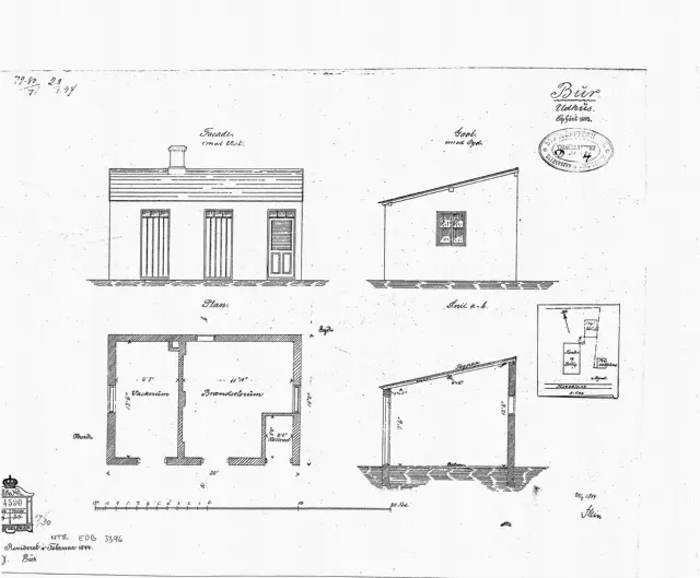Tegning af Bur Billetsalgssteds Udhus opført 1893. Sign.: Stein.