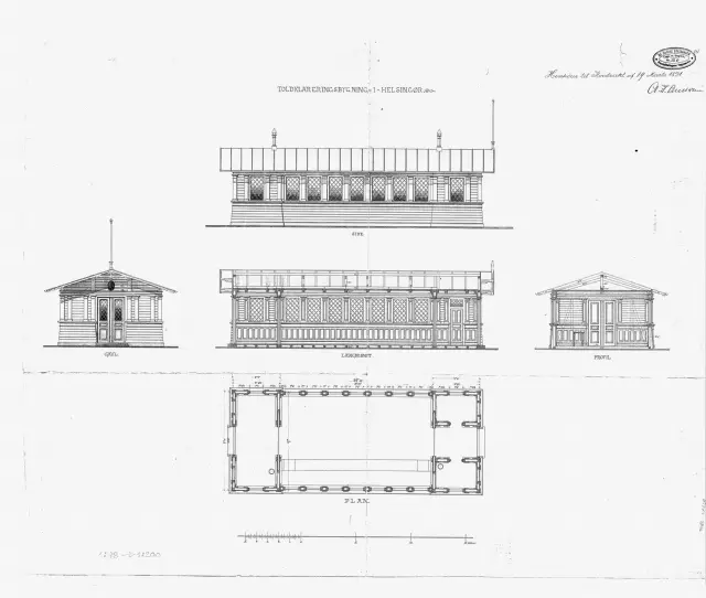 Tegning af Toldklareringsbygning ved Helsingør Banegård.