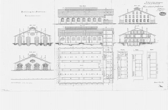 Tegning af Helsingør Banegårds remise.