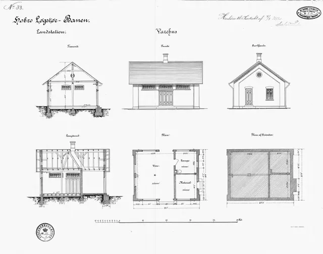 Tegning af Vindblæs Stations varehus.