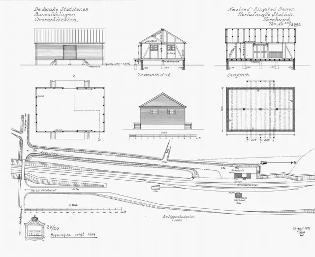 Tegning af Herlufmagle Stations varehus.