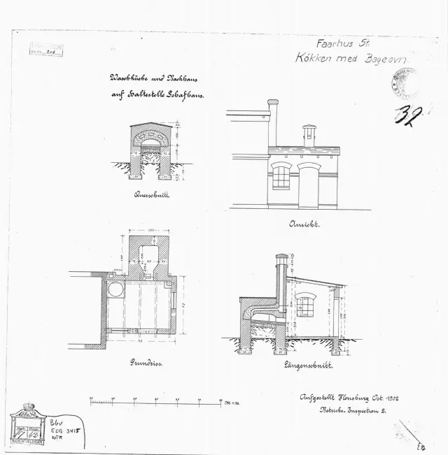 Tegning af Vaskehus med bageovn ved Fårhus Station.