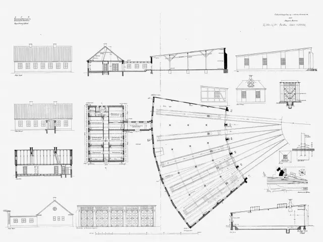 Tegning af Opholdsbygning og lokomotivremise ved Skjern Station.
