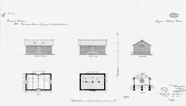 Tegning af Sminge Stations varehus.