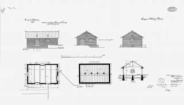 Tegning af Gjern Stations varehus.