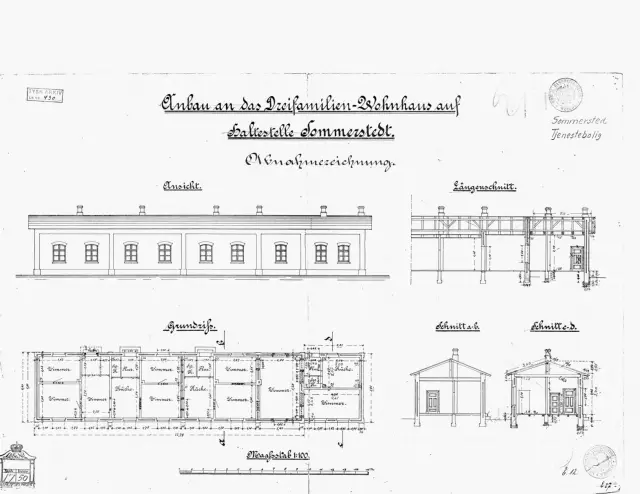 Tegning af Tilbygning til trefamilie-tjenestebolig ved Sommersted Station.