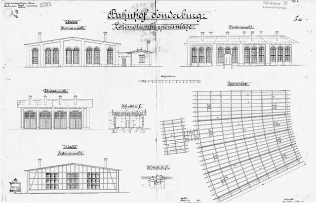 Tegning af Sønderborg Hovedbanegårds remise.