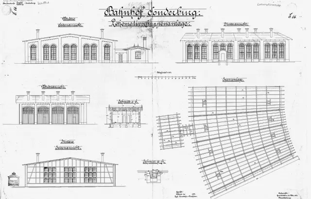 Tegning af Sønderborg Hovedbanegårds remise.