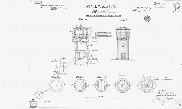 Tegning af Tørsbøl Stations vandtårn.