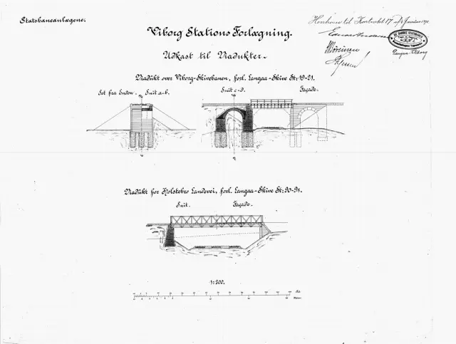 Tegning af Viborg Stations forlægning. Udkast til viadukter: Viadukt over Viborg - Skive banen, forl. Langå - skive. st. 19-21. Viadukt for Holstebro Landevej, forl. Langå - Skive st. 90-91.
