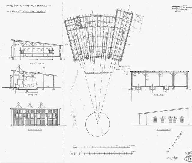 Tegning af Køge Vest Stations remise.